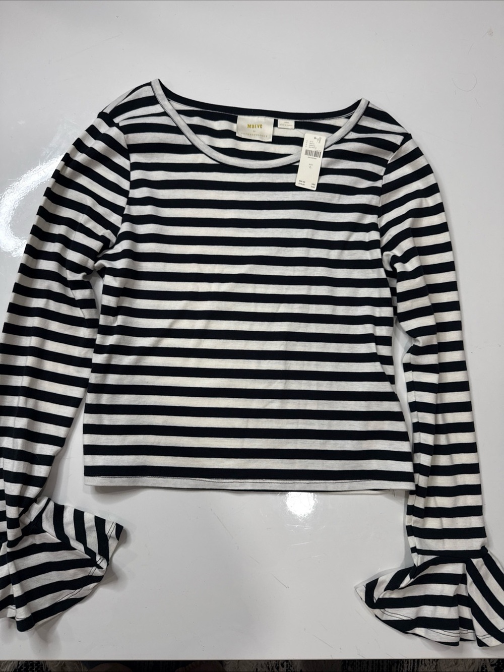 Anthropologie MAEVE Ruffle Cropped Top Striped Black White Flare Long Sleeve L